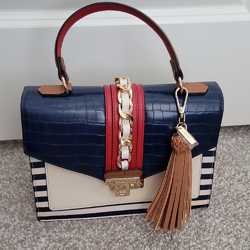 Aldo Red and Blue Crossbody Bag with Gold Accents